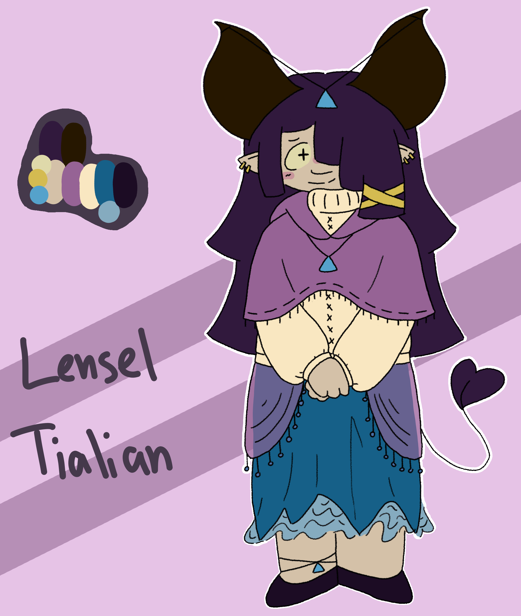 drawing of a pale fat elf with long dark purple hair, thick horn-like antlers with a blue crystal hung from them, a tail, ear piercings and golden hairclips on her fringe. she's weating a white turtleneck sweater with a purple hood over it, a blue skirt with a purple overlay, and dark purple shoes. besides her horns she also wears the same blue crystal around her neck and ankle